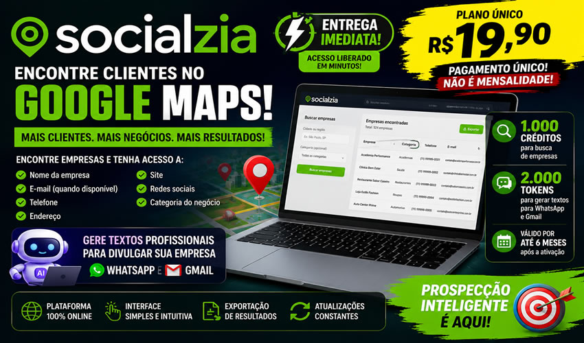 1.000 créditos Socialzia - Encontre e Prospecte Clientes pelo Google Maps | Entrega Imediata