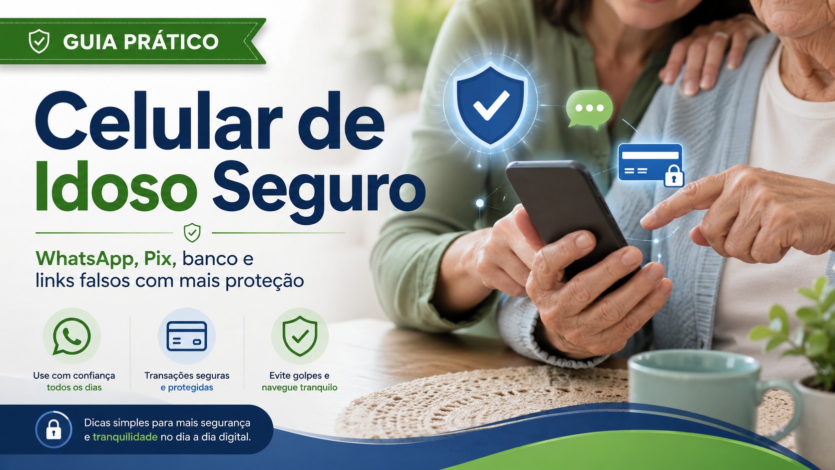 Ilustração de um celular com um escudo de proteção e uma mão de idoso usando-o, simbolizando segurança digital para a terceira idade.