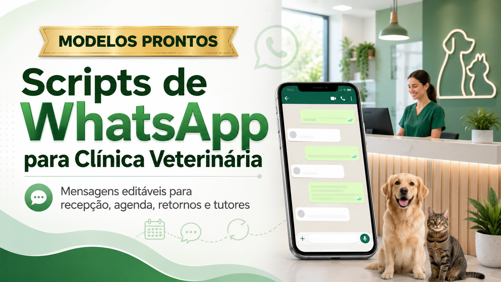 Tela de celular exibindo mensagens de WhatsApp com scripts de atendimento para clínica veterinária, com ícones de pet e agendamento.